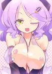 1girl bare_shoulders between_breasts big_breasts breast_squeeze breasts chandelure cleavage colored_eyelashes costume homura_subaru looking_at_viewer mrbobby15j nintendo one_eye_closed open_mouth pokemon pokemon_bw porkyman purple_hair revision smile solo upper_body wink yellow_eyes