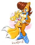 animal_ears anthro big_breasts blonde_hair blue_eyes breasts canine chipmunk fox hair miles_&quot;tails&quot;_prower multiple_tails plain_background sally_acorn sega sonic_(series) testicles tongue vixen_tamer white_background young 