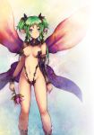  1girl :o areola_slip areolae asymmetrical_clothes asymmetrical_clothing blue_eyes blush body_blush boots bougainvillea_(flower) breasts detached_collar detached_sleeves fairy female flower green_hair groin hair_ornament kara_(color) long_hair mound_of_venus navel open_mouth original pointy_ears short_twintails solo standing twintails wings wrist_cuffs 