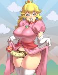  1girl blonde_hair blue_eyes blush breasts crown curvy dildo dress dress_lift earrings elbow_gloves eyelashes eyeshadow gloves grin jewelry large_breasts lips long_hair looking_at_viewer makeup maou_alba mario_(series) mushroom naughty_face navel nintendo pink_dress plump princess_peach puffy_sleeves rape_face sash smile solo strap-on studded super_mario_bros. thighhighs thighs white_gloves you_gonna_get_raped 