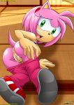  1girl amy_rose anthro anus areolae ass bbmbbf breasts butt green_eyes looking_back mobius_unleashed nipples palcomix pants_down pussy pussy_juice sega shirt_lift shoes sonic_(series) sonic_team sonic_the_hedgehog_(series) 