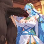  1boy 1girl ai_generated azura_(fire_emblem) big_penis blue_hair blush breasts clothed_female_nude_male dark-skinned_male fat_man fire_emblem fire_emblem_fates grabbing_penis huge_breasts huge_cock imminent_oral imminent_sex interracial larger_male looking_at_partner looking_at_penis looking_at_viewer lucyla nintendo nude_male penis penis_awe sex size_difference standing straight white_dress yellow_eyes 