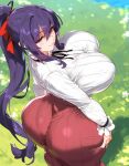  1girl 1girl 1girl ai_generated akeno_himejima ass big_breasts breasts female_only high_school_dxd large_ass looking_at_viewer looking_back lucyla purple_eyes purple_hair 