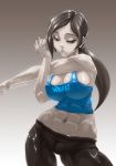 1girl abs breasts cleavage copyright_name female large_breasts long_hair midriff muscle nintendo pale_skin ponytail romehamu simple_background solo stretch stretching super_smash_bros. tank_top trainer_(wii_fit) white_skin wii_fit wii_fit_trainer 