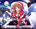 1girl bag bangs belt blush boots breasts brown_hair chimney christmas christmas_ornaments christmas_tree cleavage cloud collar female full_moon hairband hat holding house korotan lake moon open_mouth original original_character purple_eyes santa_boots santa_costume santa_gloves santa_hat sky smile smoke snow snowing solo star_(sky) thighhighs