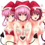  3girls ;d armpits arms_behind_head arms_up bad_id bangs between_breasts blue_eyes blush body_blush braid breast_envy breast_squeeze breasts christmas cream curly_hair demon_tail english female food food_on_body frown fruit hair_ornament hat heart kurosaki_mea large_breasts light_smile long_hair maroon_hair merry_christmas midriff momo_velia_deviluke multiple_girls nana_asta_deviluke navel nude one_eye_closed open_mouth pink_hair purple_eyes red_hair santa_hat short_hair siblings side_braid simple_background sisters smile strawberry tail to_love-ru twins twintails upper_body very_long_hair white_background 