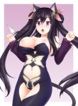  /\/\/\ 1girl :o animal_ears ariane bare_shoulders black_hair borrowed_character breasts detached_sleeves female hair_ornament highres kerasu long_hair navel nipples open_mouth original purple_background purple_eyes ricegnat simple_background solo twintails undersized_clothes very_long_hair 