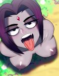  1girl big_mouth black_eyes breasts breasts_out dc_comics dogiflan grey_skin mouth nipples nude open_mouth public_humiliation public_indecency public_nudity purple_hair raven_(dc) teen_titans tongue tongue_out 