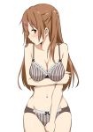  1girl barefoot blush bow bow_bra bow_panties bra breast_hold breasts brown_eyes brown_hair chuunibyou_demo_koi_ga_shitai! cleavage covering covering_crotch female hair_ornament hairclip half_updo large_breasts lingerie long_hair looking_at_viewer navel nibutani_shinka one_side_up panties profile simple_background solo striped striped_bra striped_panties takayaki underwear underwear_only vertical-striped_bra vertical-striped_panties vertical_stripes white_background 
