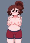  big_breasts black_eyes bluefrok brown_hair friday_night_funkin girlfriend_(friday_night_funkin) grey_background nervous nervous_smile nipples red_shorts showing_breasts trainer_gf_(fnf) 