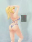1girl ass bathing big_breasts blonde_hair blue_suit breasts butt_crack closed_eyes clothes female_focus female_only formal huge_ass legs_folded long_hair metroid nintendo pale_skin ponytail saf-404 safartwoks safartworks samus_aran shower shower_(place) showering straight_hair suit swimsuit switch video_game_character washing_hair