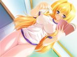  1girl blonde_hair blue_eyes blush book bottomless breasts ceiling chalk decensored dutch_angle erect_nipples female foreshortening from_below game_cg gym_uniform large_breasts long_hair pussy solo sweat uncensored 