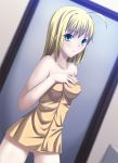  1girl ahoge aqua_eyes bare_shoulders blonde_hair blush breasts censored collarbone covered_nipples erect_nipples fate/stay_night fate_(series) female green_eyes hair_down highres mosaic_censoring naked_towel parted_lips pussy saber short_hair skylader solo towel 