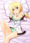  1girl bare_shoulders blonde_hair bra breasts charlotte_dunois cleavage female green_bra green_panties infinite_stratos jewelry lingerie long_hair long_legs lying masakichi_(crossroad) necklace open_clothes panties pillow ponytail purple_eyes smile solo underwear undressing uniform 