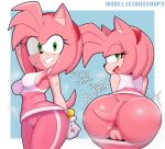  &lt;3 1girl 1girl 1girl 2023 accessory amy_rose anal_wink anthro anus artist_name ass bedroom_eyes big_ass big_breasts black_nose blush bodily_fluids bottomwear bottomwear_down breasts clothed clothing dat_ass delicioussoup dialogue english_text eulipotyphlan eyelashes genitals green_eyes hair hair_accessory hairband half-closed_eyes hedgehog high_res looking_at_viewer looking_back mammal narrowed_eyes pants pants_down partially_clothed pink_hair pussy seductive sega shirt short_hair side_boob smile sonic_riders sonic_the_hedgehog_(series) sweat tail text topwear 