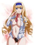  blonde_hair blue_eyes blush breasts cecilia_alcott condom female gradient gradient_background infinite_stratos large_breasts long_hair nipples no_bra open_clothes open_shirt panties shirt solo underwear white_background 