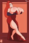  1girl ass clothed female female_only gloves green_eyes high_heels huge_breasts jessica_rabbit large_areolae long_gloves long_hair long_red_hair looking_at_viewer nipples red_hair red_high_heels redhead solo standing thighs who_framed_roger_rabbit 