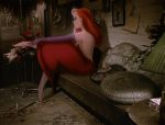  1girl animated clothed crossed_legs_(sitting) dress dress_lift female female_only garter_straps gif gloves hair_over_one_eye high_heels indoors jessica_rabbit long_gloves red_dress red_hair redhead sitting solo stockings strapless_dress thighs who_framed_roger_rabbit 