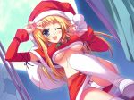  1girl bandeau bell blonde_hair blue_eyes blush bow bow_panties breasts christmas copyright_request detached_sleeves dutch_angle erect_nipples female from_below hat long_hair miniskirt moon one_eye_closed open_mouth panties pantyshot santa_costume santa_hat skirt solo strapless thighhighs tomose_shunsaku tubetop underboob underwear upskirt v white_panties wink 