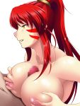  1_boy 1_girl 1boy 1girl aimo_(aimo1214) areola breasts clavicle cleavage facial_mark female female_focus grabbing_own_breast grin hetero high_resolution huge_breasts long_hair looking_at_another male male/female nipples nude oda_nobunaga_(sengoku_otome) paizuri parted_lips penis penis_between_breasts ponytail red_hair sengoku_otome sidelocks simple_background smile tied_hair upper_body white_background yellow_eyes 