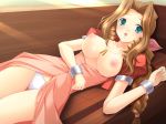 1girl aerith_gainsborough areolae blue_eyes blush breasts breasts_outside brown_hair cleavage collarbone dress female final_fantasy final_fantasy_vii hips jewelry legs long_hair lying necklace nipples on_back open_clothes open_dress open_mouth panties shiny shiny_skin square_enix st.germain-sal thigh_gap underwear white_panties worried wrist_cuffs