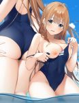  1_girl 1girl ahoge ass bangs bare_shoulders big_breasts blue_eyes blue_sky blue_swimsuit blush breasts cameltoe clavicle cleavage eyebrows_visible_through_hair female female_only high_resolution long_hair looking_at_viewer multiple_views niii_(memstapak) nipples one-piece_swimsuit open_mouth orange_hair outside partially_submerged partially_underwater_shot pecorine princess_connect! princess_connect!_re:dive removing_swimsuit sky smile solo swimsuit thighs water 