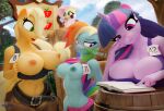  3d_(artwork) 4girls 5_fingers absurd_res anthro anthrofied applejack applejack_(mlp) areola big_breasts blender blonde_hair blue_areola blue_body blue_eyes blue_nipples breasts cleavage clothed clothing day dialogue digital_media_(artwork) english_text equid equine exposed_breasts eyebrows eyelashes female/female fingers fluttershy fluttershy_(mlp) freckles friendship_is_magic green_eyes group hair half-closed_eyes hasbro high_res hooves-art horn horse long_hair looking_down mammal multicolored_hair my_little_pony narrowed_eyes nipples open_mouth orange_body outside pink_hair pony purple_eyes purple_hair rainbow_dash rainbow_dash_(mlp) rainbow_hair raised_clothing raised_topwear text topwear twilight_sparkle twilight_sparkle_(mlp) unicorn yellow_body young_adult 