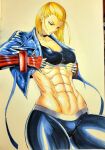  1girl abs bad_anatomy big_breasts blonde_hair blue_eyes breasts cammy_white choker clothed_female clothing female_focus female_only gloves handdrawn hands_on_breasts high_res jacket looking_down mature mature_female muscular muscular_female octavius_dp pants short_hair solo_female solo_focus sports_bra street_fighter street_fighter_6 thick_thighs video_game_character video_game_franchise 