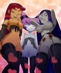  3_girls 3girls aline_haiden big_breasts breasts dc_comics dcau forehead_jewel garter_straps grey_skin hairless_pussy jinx koriand&#039;r licking_lips long_hair looking_at_viewer looking_down looking_down_at_viewer mostly_nude no_bra no_panties orange_skin pussy rachel_roth raven_(dc) ravenravenraven short_hair standing starfire stockings teen_titans 