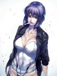  1girl breasts cleavage cyborg_(designation) female fingerless_gloves ghost_in_the_shell ghost_in_the_shell_stand_alone_complex gloves highres irohara_mitabi jacket large_breasts leotard lips looking_at_viewer motoko_kusanagi purple_hair red_eyes shikihara_mitabi short_hair solo 