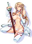 1girl asuna_(sao) blush braid breasts brown_eyes brown_hair detached_sleeves female fesuta highres kneeling large_breasts navel nipples open_clothes panties parted_lips shiny shiny_skin simple_background solo sword sword_art_online thighhighs underwear weapon white_background 