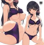  1:1_aspect_ratio 1_female 1_girl 1girl ass bangs bare_arms bare_shoulders black_hair blunt_bangs bra bra_lift breasts brown_eyes eyebrows_visible_through_hair female female_only gin00 hair_ornament hair_scrunchie high_resolution idolmaster looking_at_viewer mayuzumi_fuyuko medium_breasts mostly_nude multiple_views navel nipples open_mouth panties purple_bra purple_panties scrunchie simple_background solo standing stomach the_idolm@ster:_shiny_colors underwear underwear_only very_high_resolution white_background 