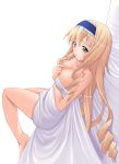  1girl blonde_hair blue_eyes cecilia_alcott covering covering_breasts drill_hair female hozumi_takashi infinite_stratos long_hair lying naked_sheet nude on_back solo 