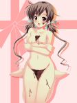  1girl aomi_isara asa_no_ha blush breast_hold brown_hair bust_cup censored chocolate collarbone crossed_arms drill_hair female heart jpeg_artifacts koi_to_senkyo_to_chocolate naked_chocolate nipples nude pink_eyes shiny short_hair sitting smile solo twintails wakamezake wariza 