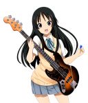  1girl :d akiyama_mio black_eyes black_hair female guitar holding instrument k-on! long_hair looking_at_viewer official_style open_mouth pleated_skirt ragho_no_erika round_teeth school_uniform simple_background skirt smile solo teeth white_background 