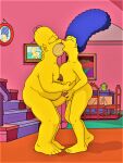  ass erect_nipples erect_penis holding_penis homer_simpson huge_breasts huge_penis kissing marge_simpson the_simpsons thighs 
