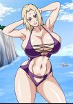  1girl 1girl 1girl arms_behind_head beach big_breasts blonde_hair brown_eyes female_focus female_only long_hair looking_at_viewer mature mature_female naruho naruto one-piece_swimsuit outside posing purple_swimsuit revealing_swimsuit solo_female solo_focus tagme thick_thighs tsunade 