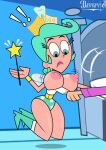  1girl 1girl blue_hair breasts breasts_out commission darkanya exposed_breasts fairy nickelodeon nipples pulling pulling_top_down straight_hair teal_eyes teal_hair the_fairly_oddparents tooth_fairy_(fop) wand 