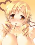  1girl between_breasts blonde_hair blush breasts bust collarbone drill_hair female hair_ornament heart large_breasts looking_at_viewer mahou_shoujo_madoka_magica maki_(seventh_heaven_maxion) mouth_hold nude pocky solo tomoe_mami twin_drills twintails upper_body yellow_eyes 