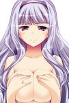  1girl bare_shoulders blush breast_squeeze breasts bust cleavage covering covering_breasts face female hair_intakes hairband huge_breasts idolmaster large_breasts lavender_hair long_hair miyashiro_sousuke red_eyes shijou_takane silver_hair simple_background smile solo upper_body very_long_hair white_background 