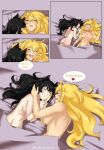  2girls abs adorable after_sex aftercare blake_belladonna blush breasts canon_couple casual cat_ears cute dialogue english_text faunus happy hickey_marks holding_face human in_bed nude on_back on_stomach pale_skin romantic romantic_couple rwby smiling_at_another smiling_at_partner wholesome y8ay8a yang_xiao_long yuri 
