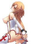  1girl arched_back arms_behind_back ass asuna_(sao) bdsm blush bondage bound bound_wrists braid breasts breasts_outside brown_eyes carrot_works clenched_teeth cuffs detached_sleeves erect_nipples female fingerless_gloves frown gloves hai_raito handcuffs hands kneeling large_breasts long_hair looking_at_viewer looking_back nipples panties pantyshot sideboob simple_background solo sword_art_online teeth thighhighs thighs underwear upskirt white_background white_legwear white_panties 