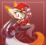 2017 ass candy_cane christmas christmas_outfit deviantart heels high_heels holding_candy long_tail looking_at_viewer mistletoe multicolored_hair multicolored_tail nancher open_smile orange_eyes pantyhose red_gloves santa_hat side_view sonic_oc sonic_the_hedgehog_(series) tan_body tibleam tibleam_the_kimera winking