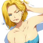  1girl adjusting_hair android_18 aqua_dress arm arm_up armpits arms art babe bare_shoulders big_breasts blonde blonde_hair blue_dress blue_eyes breasts cleavage collarbone dragon_ball dragon_ball_z dress dutch_angle earrings female hair hair_grab hairclip hairu highres jewelry large_breasts lips milf mouth_hold neck serious shadow shiny shiny_skin short_hair simple_background solo strapless strapless_dress white_background wink 