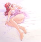  1_girl 1girl ano_natsu_de_matteru art barefoot bed blue_eyes blush breasts camisole female glasses large_breasts legs lingerie long_hair long_legs looking_at_viewer lying mori_chu negligee nightgown on_back open_mouth red_hair solo takatsuki_ichika thighs underwear 