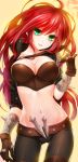 1girl bracelet breasts cameltoe cleavage female gloves green_eyes jacket jewelry katarina_du_couteau keikazz league_of_legends lips long_hair looking_at_viewer midriff navel red_hair scar solo spiked_bracelet spikes