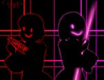 2girls alternate_version_available artist_name bete_noire betty_noire black_background breasts cat08chaos chara female_only glitchtale glowing glowing_eyes grin knife nipples pink_eyes red_eyes shadow short_hair silhouette undertale undertale_(series) undertale_au weapon