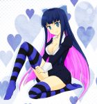  1girl blue_eyes blue_hair bow breasts cleavage dress female heart long_hair multicolored_hair panty_&amp;_stocking_with_garterbelt pink_hair smile solo stocking_(psg) striped striped_legwear thighhighs two-tone_hair 