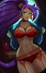  1girl alluring athletic_female blue_eyes breasts brown_body earrings female_abs fit_female lingerie normanthony_07 purple_hair red_lingerie shantae shantae_(character) thighs 
