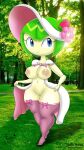  1girl 1girl 2023 2d alien alien_girl big_breasts blue_eyes breasts cosmo_the_seedrian cosplay crossover crossover_cosplay fashionable_style_gardevoir fashionable_style_gardevoir_(cosplay) female_only flower_in_hair forest gardevoir gardevoir_(cosplay) green_hair huge_breasts mostly_nude navel nintendo nipples no_bra no_panties park partially_clothed plant_girl pokemon pokemon_unite pussy seedrian sega sonic_the_hedgehog_(series) sonic_x stockings superstarplasma 